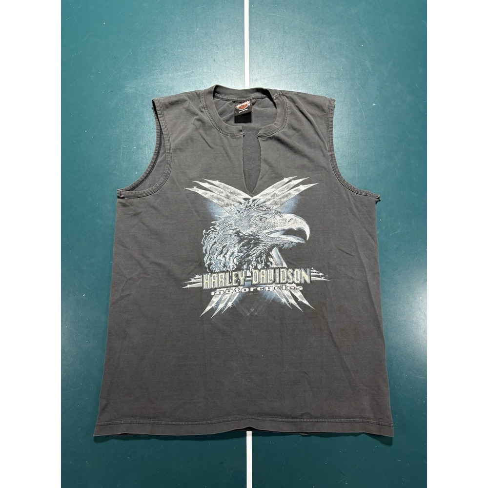 Vintage Harley Davidson Tank Top Shirt Men's Large‎ Faded Black Chrome Eagle Y2K